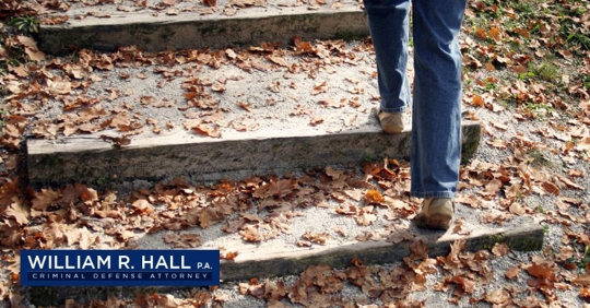 person walking through leafy stairs